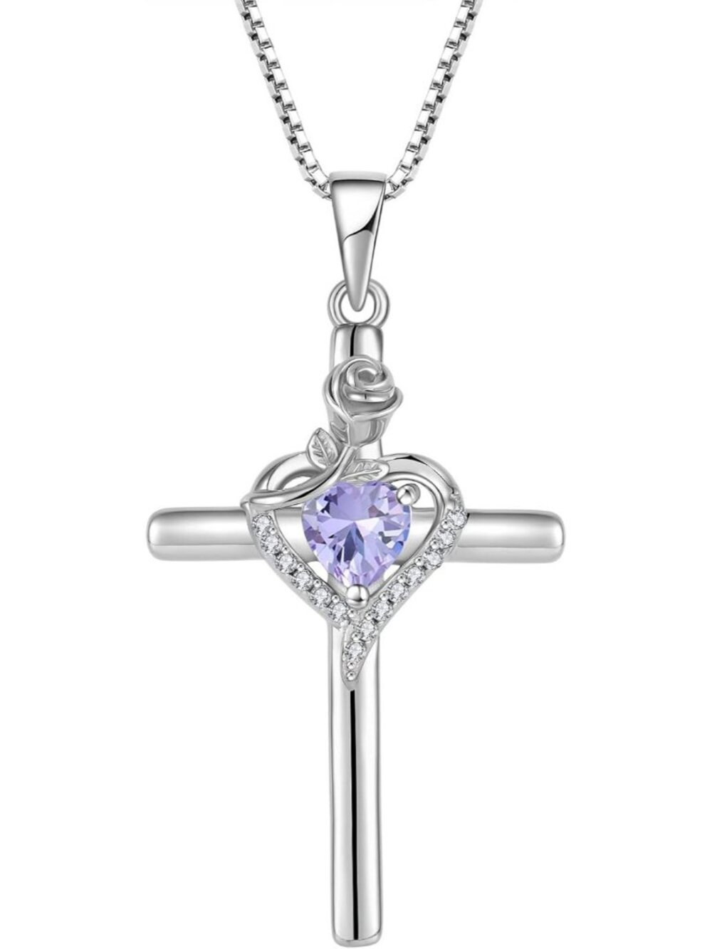 Women’s Lavender 925 Sterling Silver Cross Rose Flower Birthstone Necklaces
